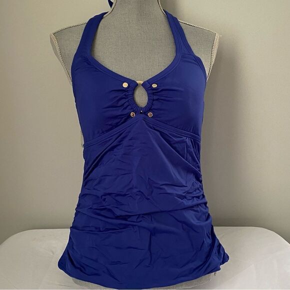 Calvin Klein Women's Studded Halter Tankini Top Blue M - Picture 2 of 4